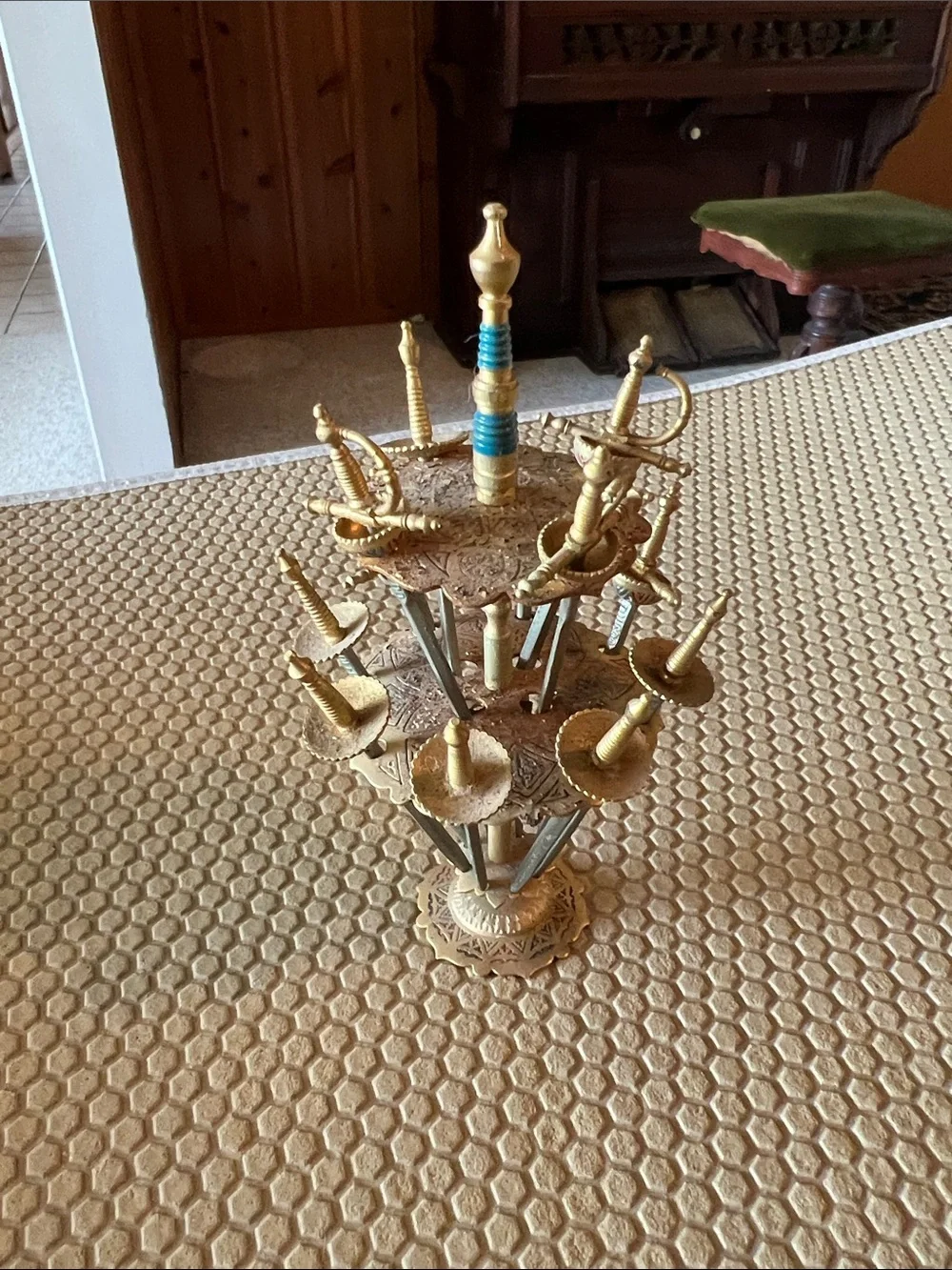 Gold Brass Multi-Sword Display Stand with Turquoise Accent
